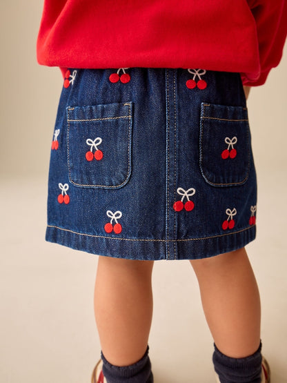 Denim Cherry Embroidery Pull-On Skirt (3mths-7yrs)