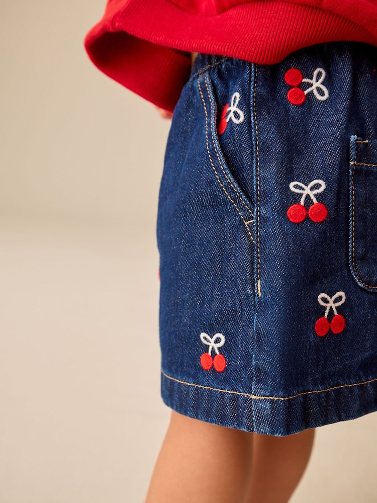 Denim Cherry Embroidery Pull-On Skirt (3mths-7yrs)