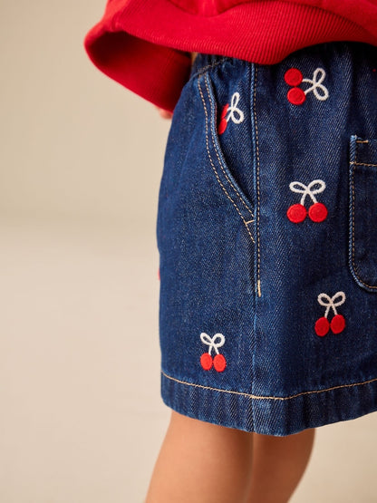 Denim Cherry Embroidery Pull-On Skirt (3mths-7yrs)