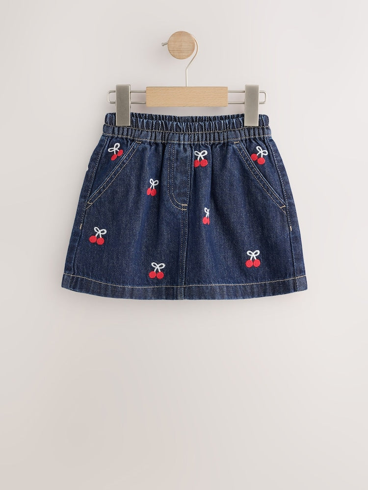 Denim Cherry Embroidery Pull-On Skirt (3mths-7yrs)