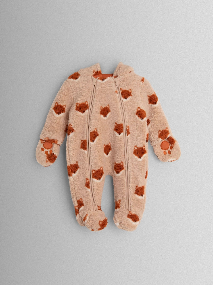 JoJo Maman Bébé Orange Fox Cosy Borg Character Pramsuit - Size Newborn
