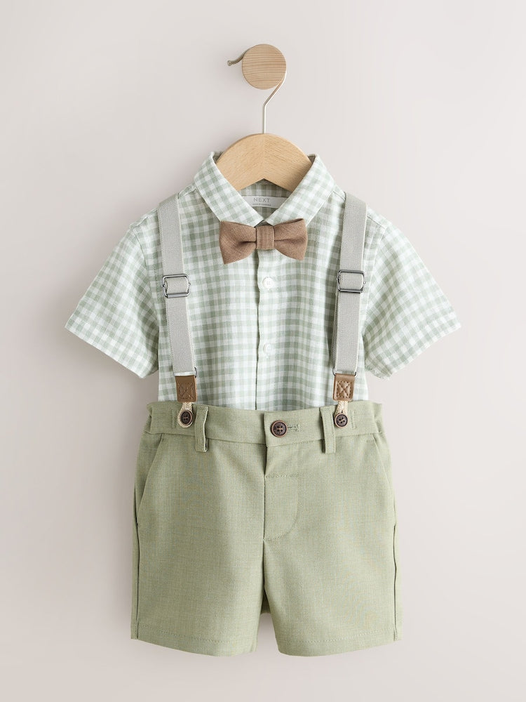 Sage Green Gingham Shirt Shorts Braces & Bow Tie Set (3mths-9yrs) - Sage Green Gingham / 12-18 Months (80-86cm)