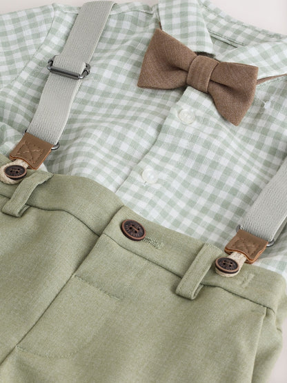 Sage Green Gingham Shirt Shorts Braces &amp; Bow Tie Set (3mths-9yrs)