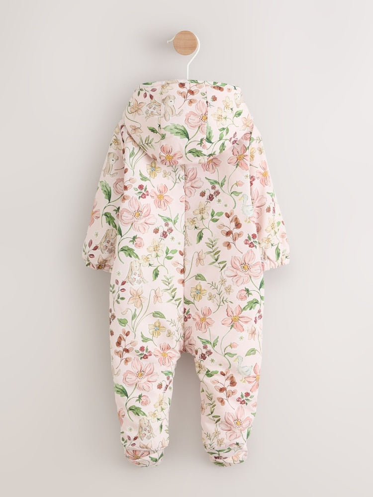 Pink Floral All-Over Printed Double Zip Baby Hooded Pramsuit (0mths-2yrs)