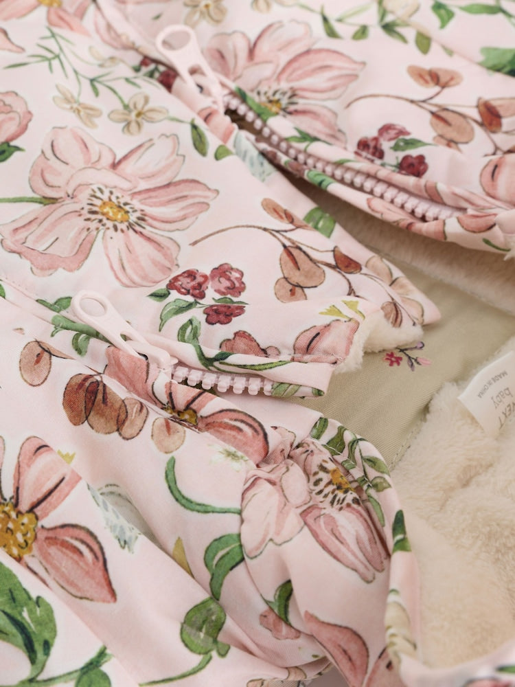 Pink Floral All-Over Printed Double Zip Baby Hooded Pramsuit (0mths-2yrs)