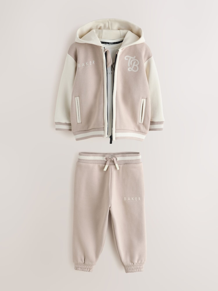 Baker by Ted Baker Stone 3 Piece Varsity Hoodie T-Shirt and Joggers Set