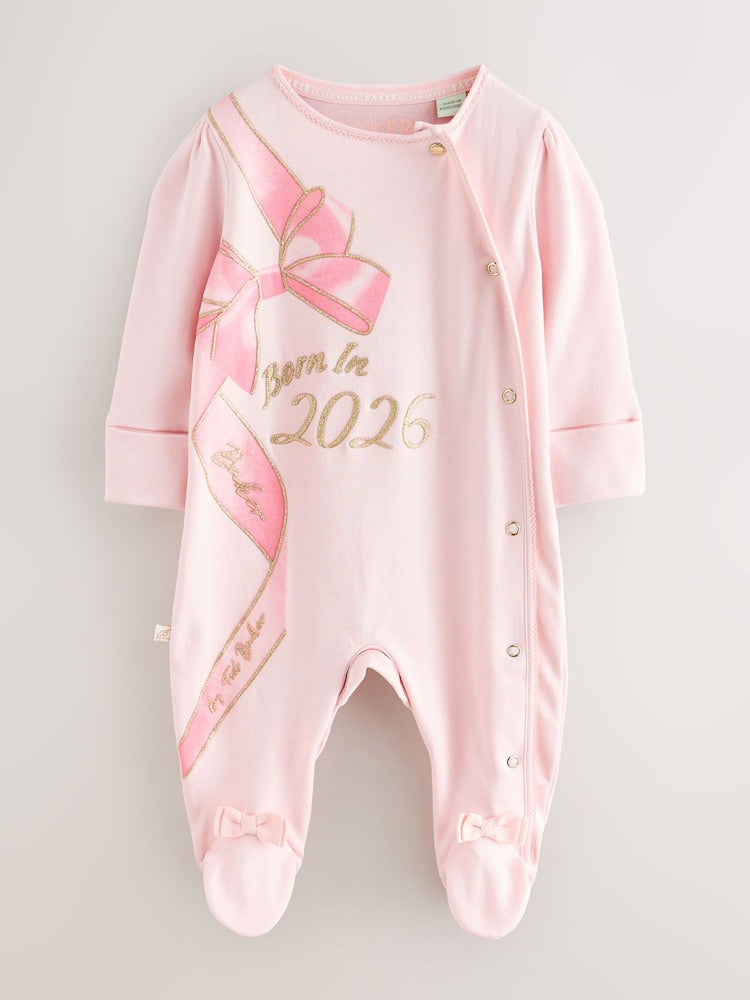 Baker by Ted Baker Pink Born In 2026 Ribbon Bow Sleepsuit