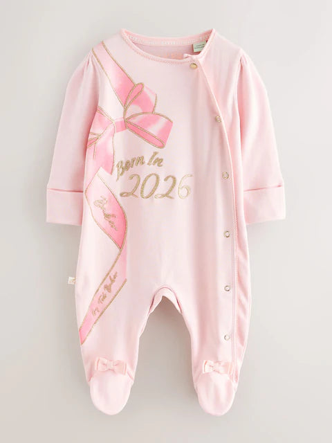 Baker by Ted Baker Pink Born In 2026 Ribbon Bow Sleepsuit