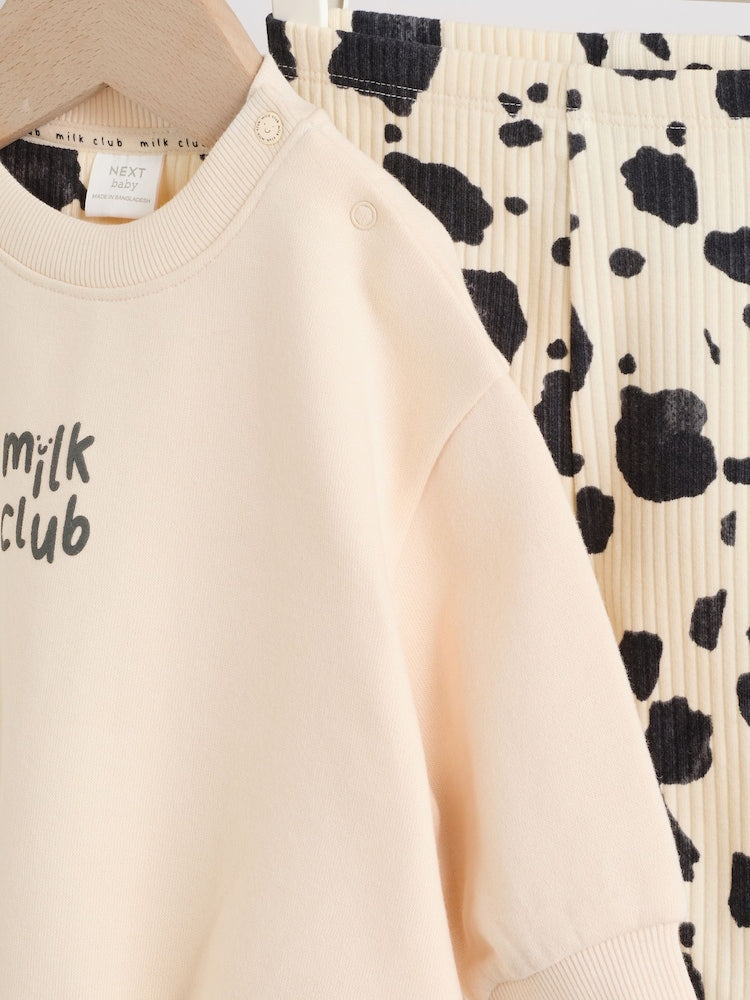 Neutral/Cow Milk Club Printed Sweat and Leggings Baby Set (0mths-2yrs)