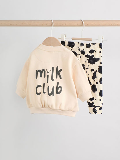 Neutral/Cow Milk Club Printed Sweat and Leggings Baby Set (0mths-2yrs)