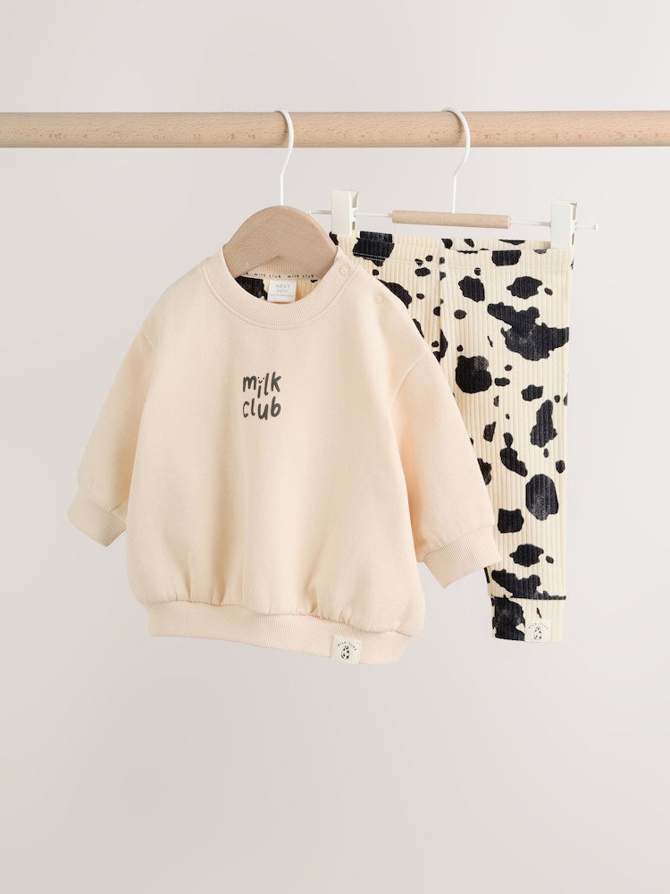 Neutral/Cow Milk Club Printed Sweat and Leggings Baby Set (0mths-2yrs)