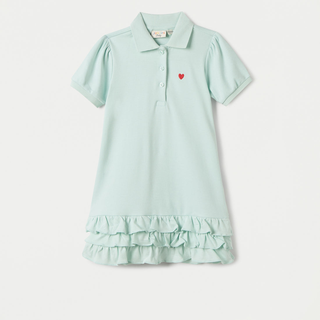 Juniors Heart Embroidered Polo Dress with Frill Detail and Short Sleeves - Green / 12-18 mths