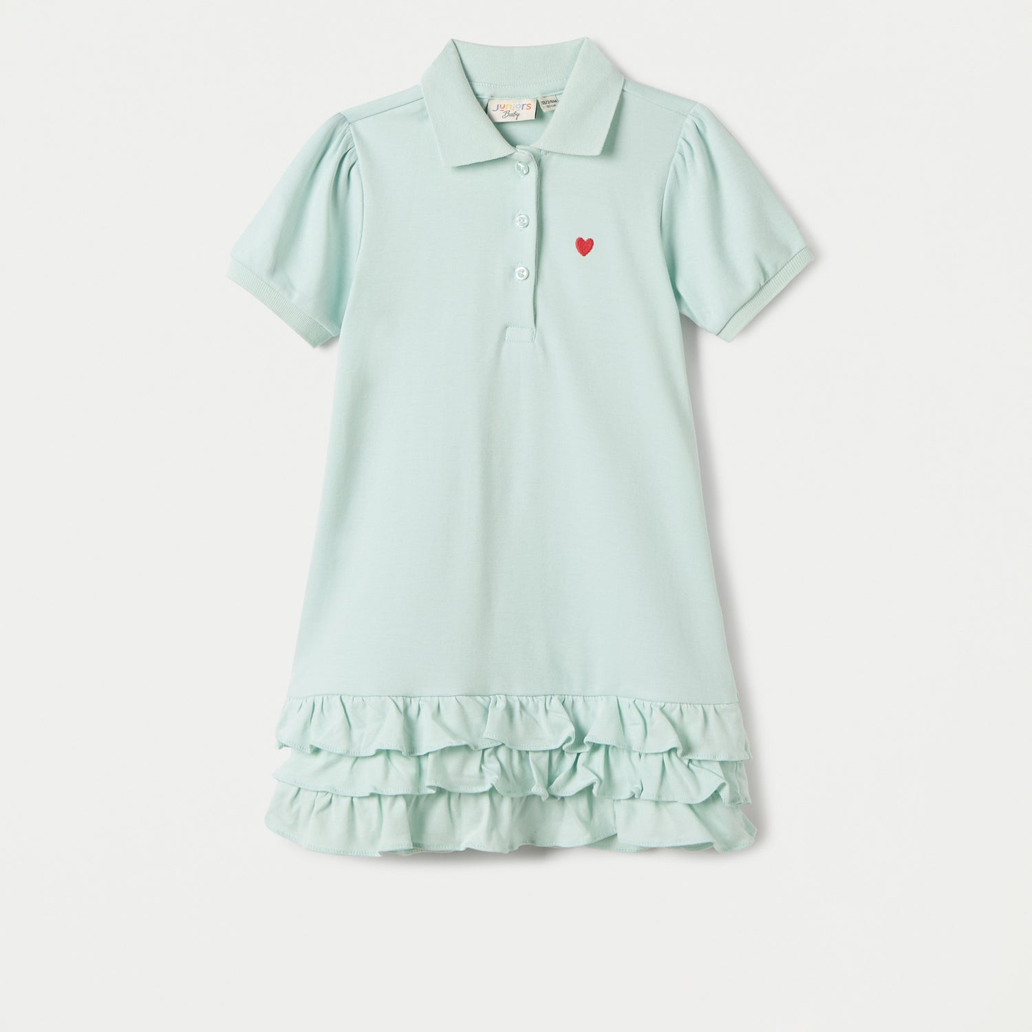 Juniors Heart Embroidered Polo Dress with Frill Detail and Short Sleeves - Green / 12-18 mths