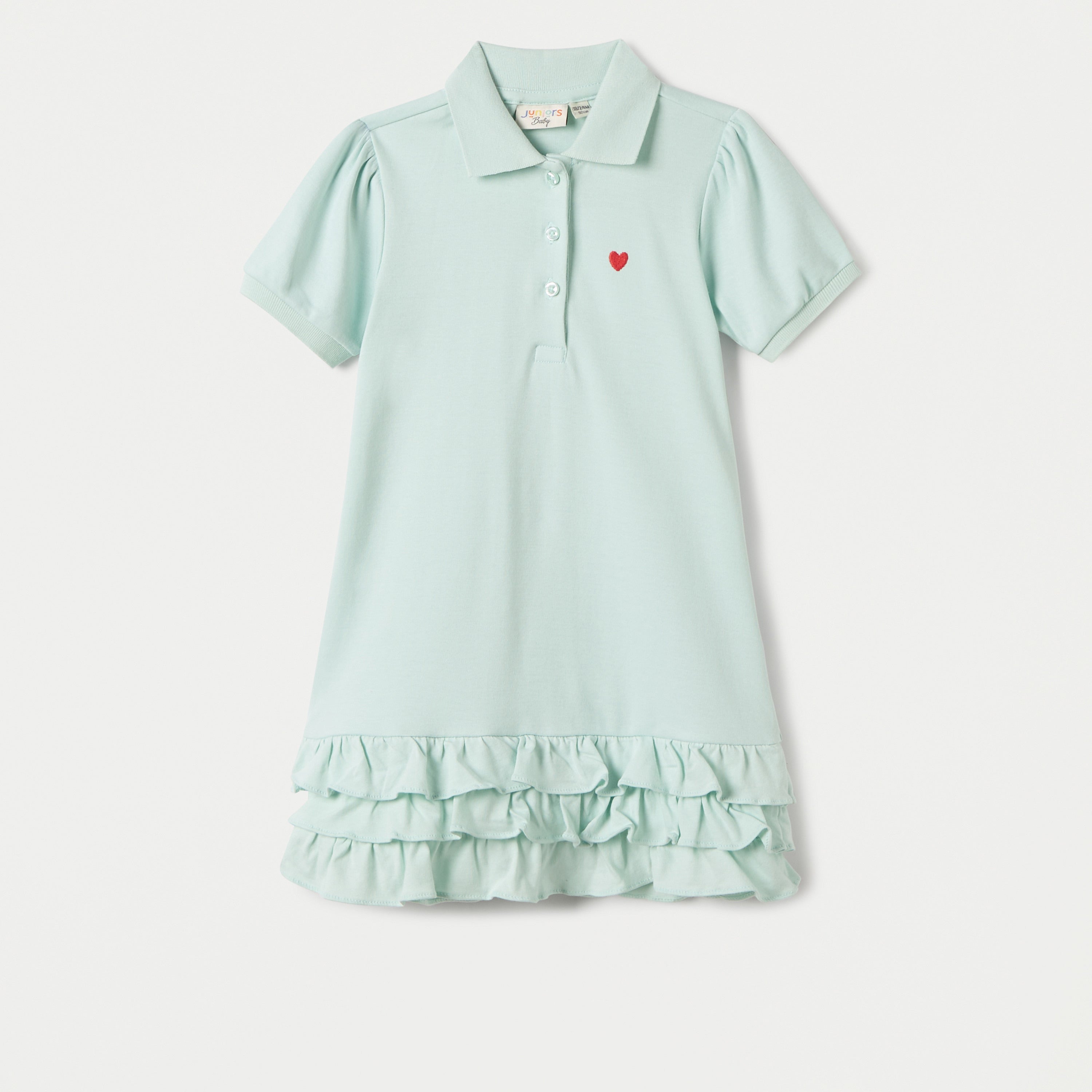 Juniors Heart Embroidered Polo Dress with Frill Detail and Short Sleeves - Green / 12-18 mths