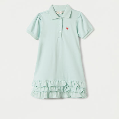 Juniors Heart Embroidered Polo Dress with Frill Detail and Short Sleeves - Green / 12-18 mths
