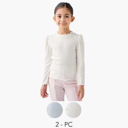 Juniors Ribbed T-shirt with Long Sleeves - Set of 2 - Multicolour / 1-2 yrs