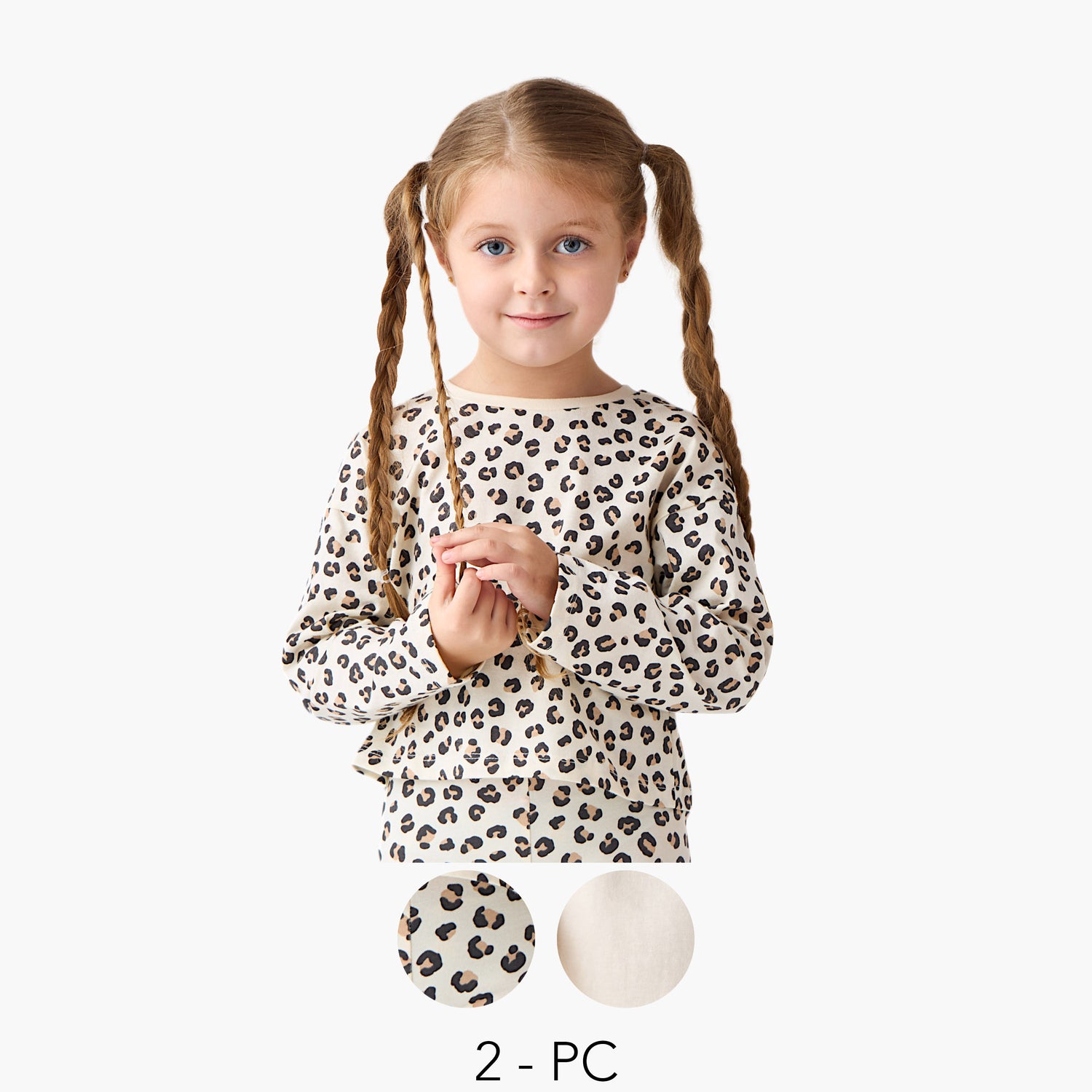 Juniors Printed T-shirt with Crew Neck and Long Sleeves - Set of 2 - Cream / 1-2 yrs