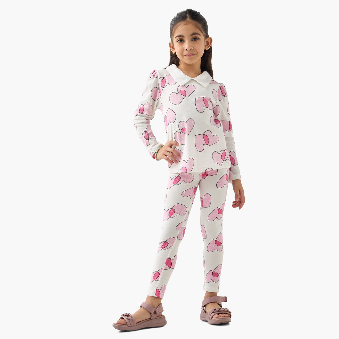 Juniors Heart Print Polo T-shirt with Long Sleeves - White / 1-2 yrs