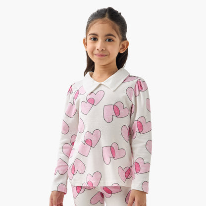 Juniors Heart Print Polo T-shirt with Long Sleeves