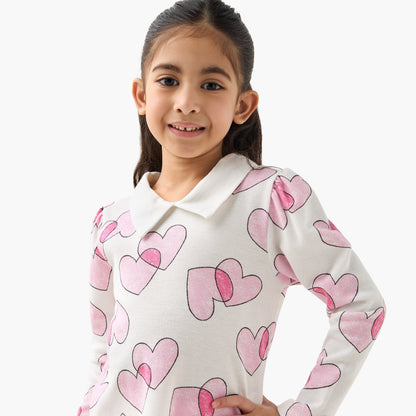 Juniors Heart Print Polo T-shirt with Long Sleeves