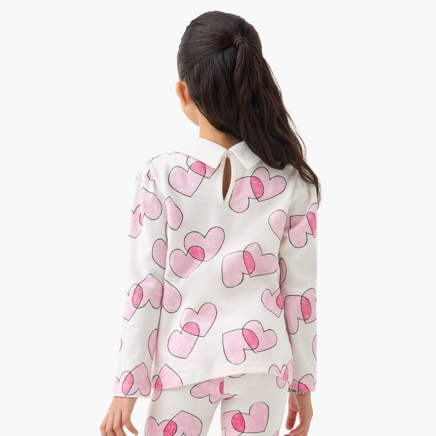 Juniors Heart Print Polo T-shirt with Long Sleeves