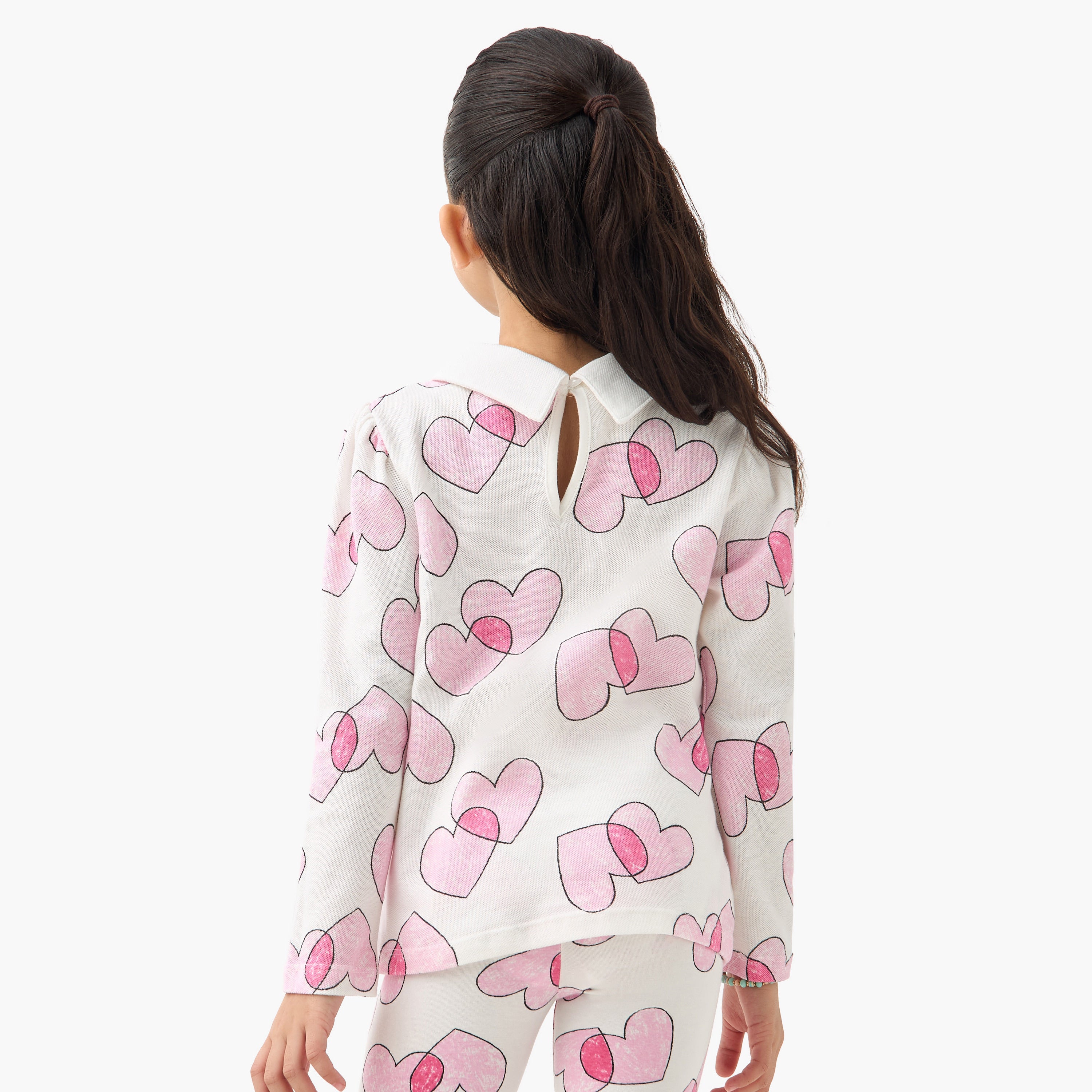 Juniors Heart Print Polo T-shirt with Long Sleeves