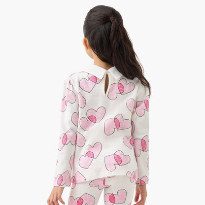 Juniors Heart Print Polo T-shirt with Long Sleeves