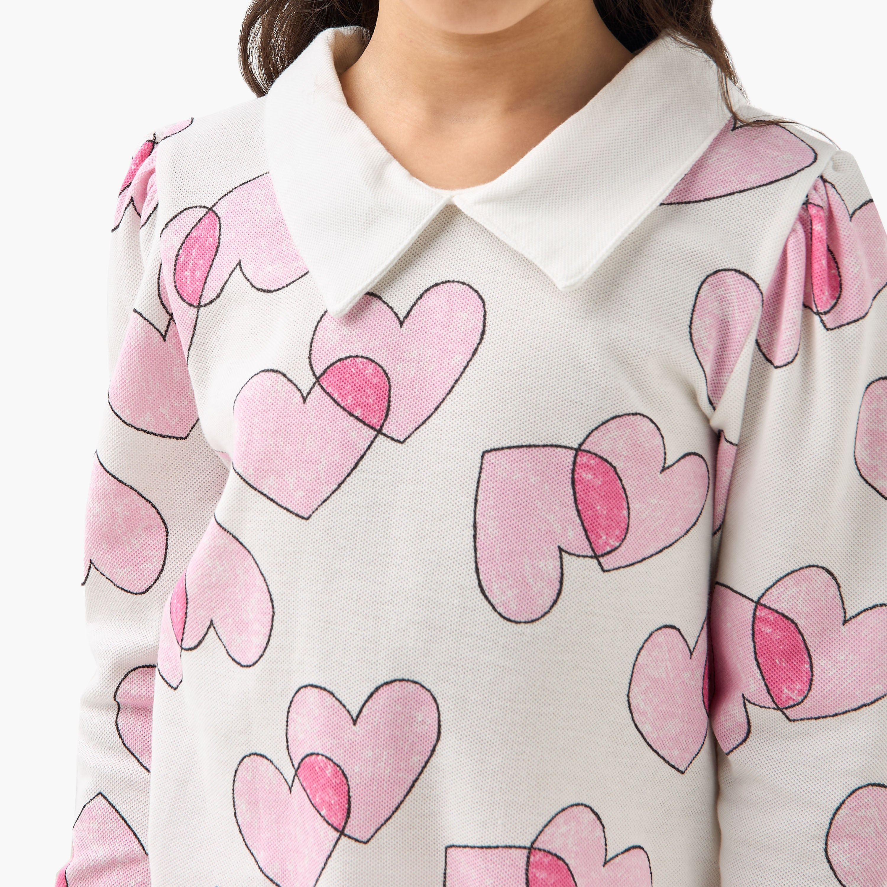 Juniors Heart Print Polo T-shirt with Long Sleeves