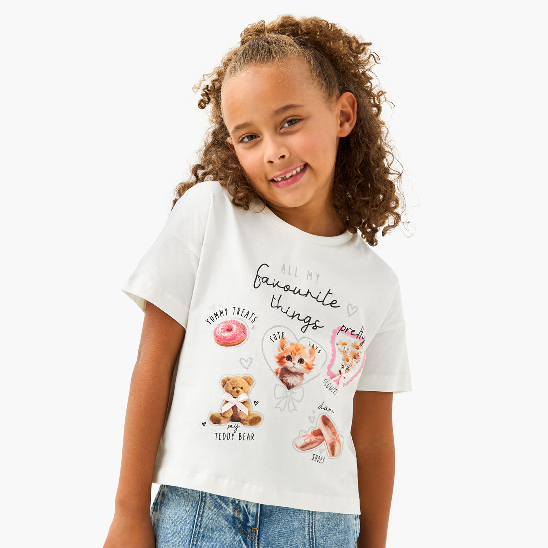 Juniors Crew Neck Short Sleeves T-shirt with Cat Print - White / 1-2 yrs