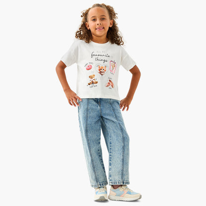 Juniors Crew Neck Short Sleeves T-shirt with Cat Print