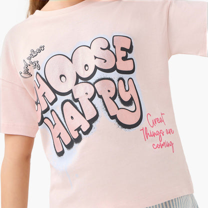 Juniors Crew Neck Short Sleeves T-shirt with Slogan Print