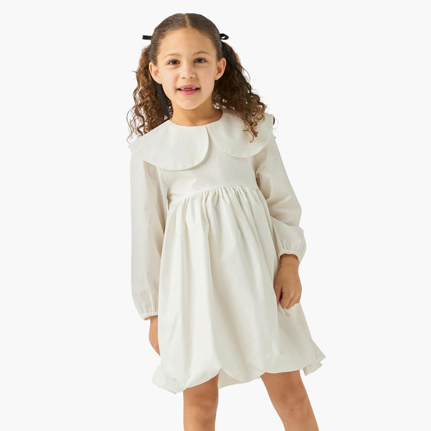 Juniors Solid A-line Balloon Dress with Peter Pan Collar and Long Sleeves