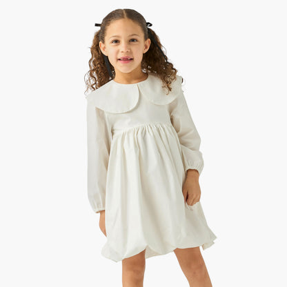 Juniors Solid A-line Balloon Dress with Peter Pan Collar and Long Sleeves