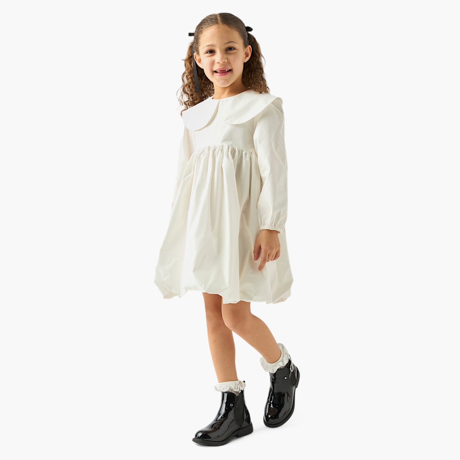 Juniors Solid A-line Balloon Dress with Peter Pan Collar and Long Sleeves