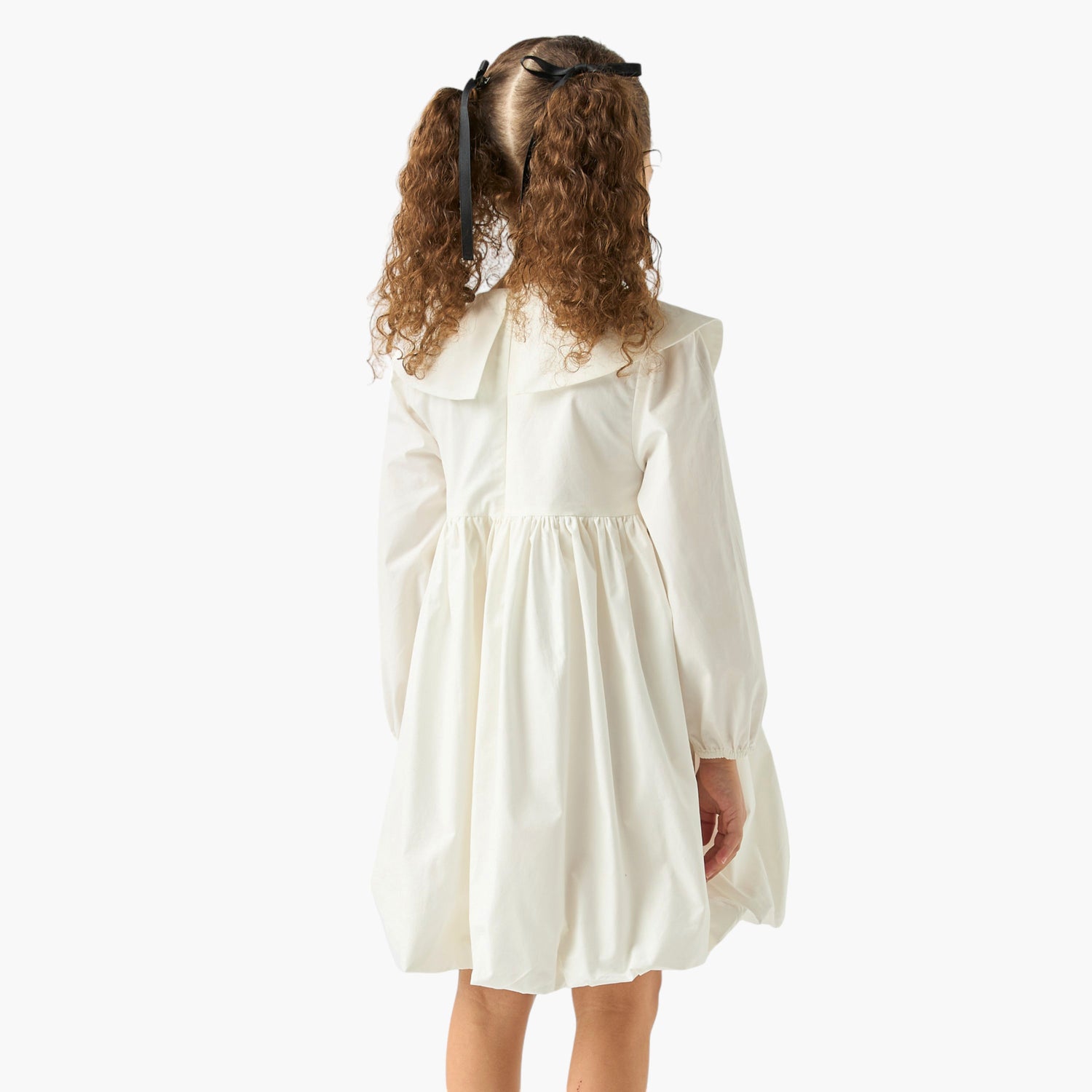 Juniors Solid A-line Balloon Dress with Peter Pan Collar and Long Sleeves