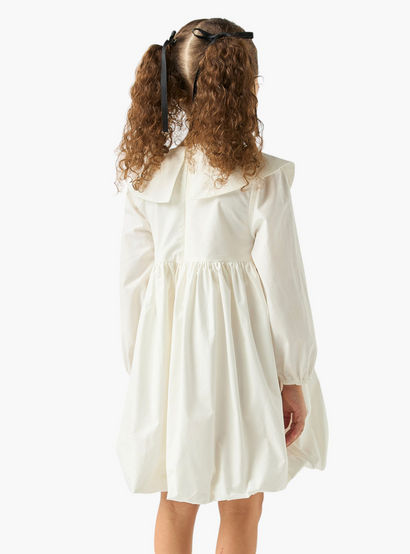 Juniors Solid A-line Balloon Dress with Peter Pan Collar and Long Sleeves-girls-clothing-dressesandjumpsuits-image-3