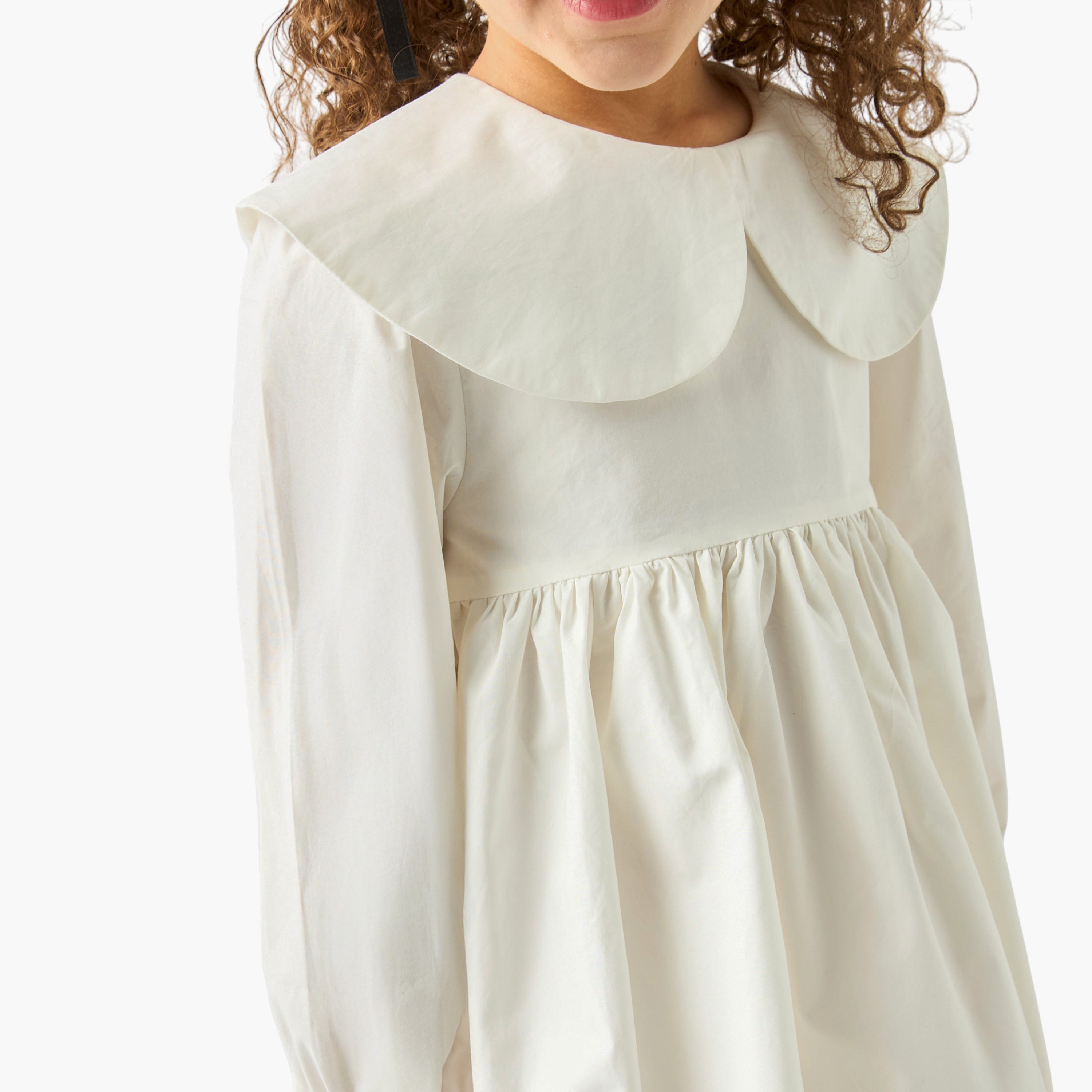 Juniors Solid A-line Balloon Dress with Peter Pan Collar and Long Sleeves