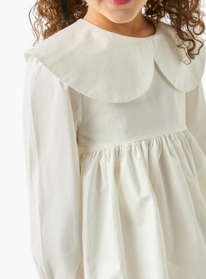 Juniors Solid A-line Balloon Dress with Peter Pan Collar and Long Sleeves-girls-clothing-dressesandjumpsuits-image-4