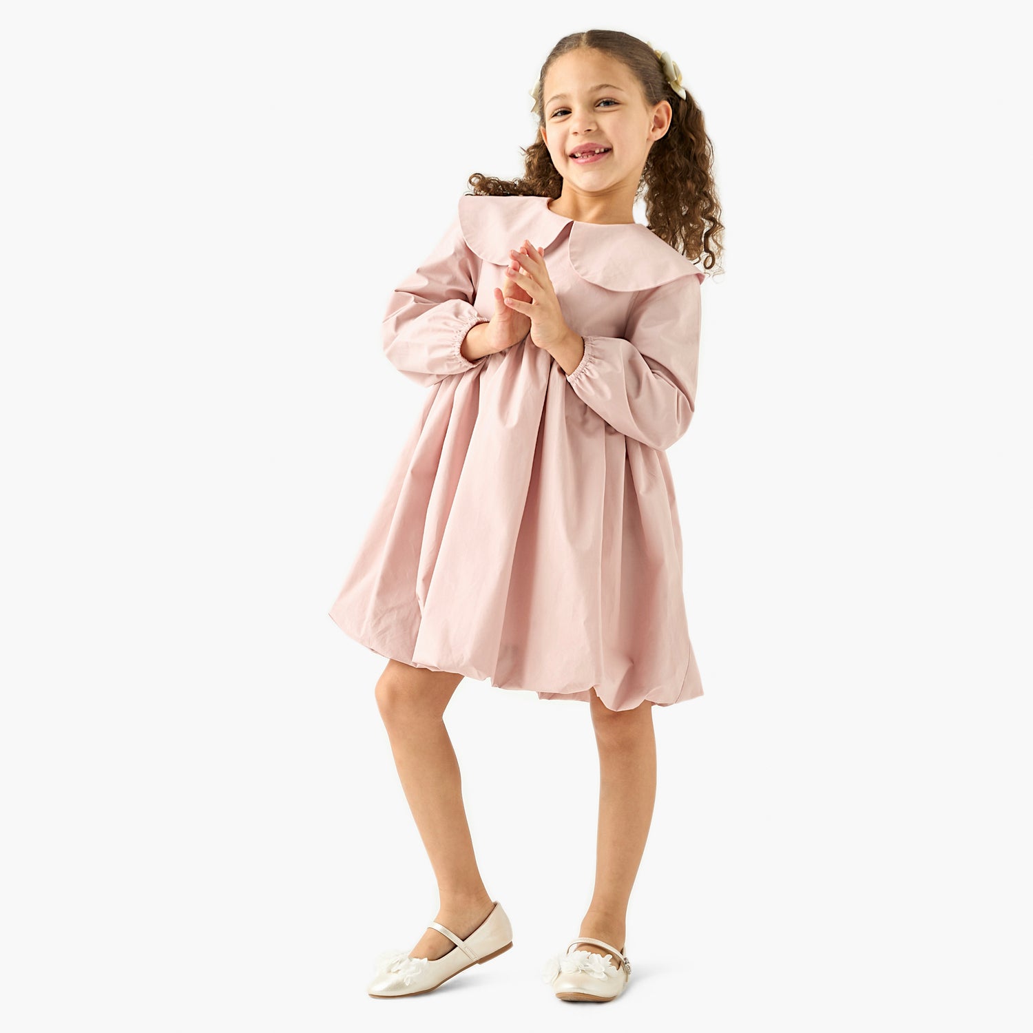 Juniors Solid A-line Balloon Dress with Peter Pan Collar and Long Sleeves