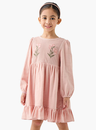 Eligo Floral Embroidered Dress with Long Sleeves and Ruffled Hem-girls-clothing-dressesandjumpsuits-image-1