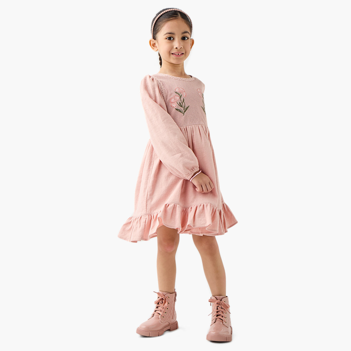 Eligo Floral Embroidered Dress with Long Sleeves and Ruffled Hem