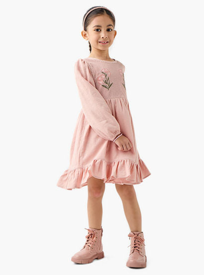Eligo Floral Embroidered Dress with Long Sleeves and Ruffled Hem-girls-clothing-dressesandjumpsuits-image-2