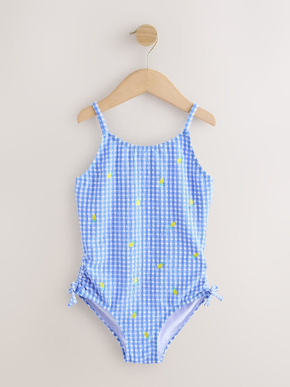 Blue/White Gingham Lemon Strappy Ruched Swimsuit (3-16yrs) - Size 3 Years (98cm)