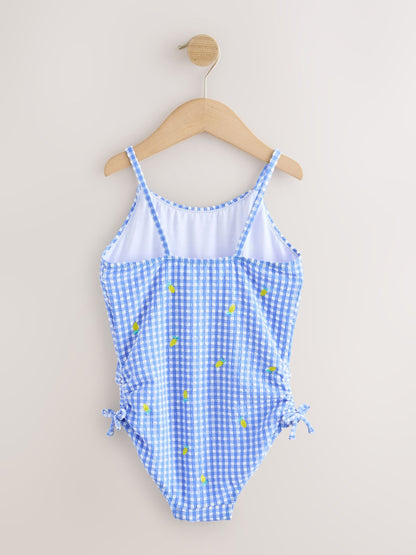 Blue/White Gingham Lemon Strappy Ruched Swimsuit (3-16yrs) - Size 3 Years (98cm)