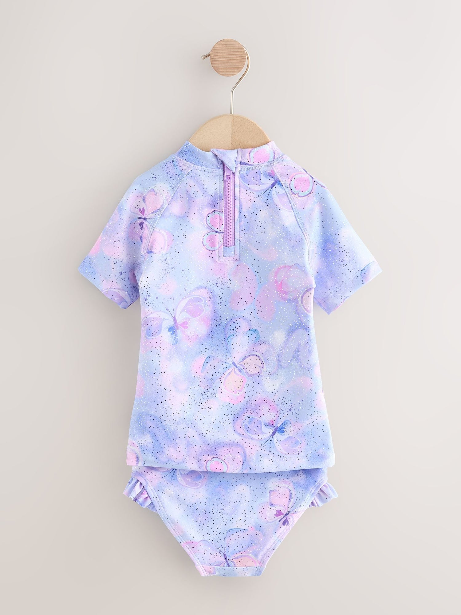 Lilac Purple Butterfly Foil Short Sleeved Sunsafe Swim Set (3mths-10yrs) - Size 3-6 Months (62-68cm)