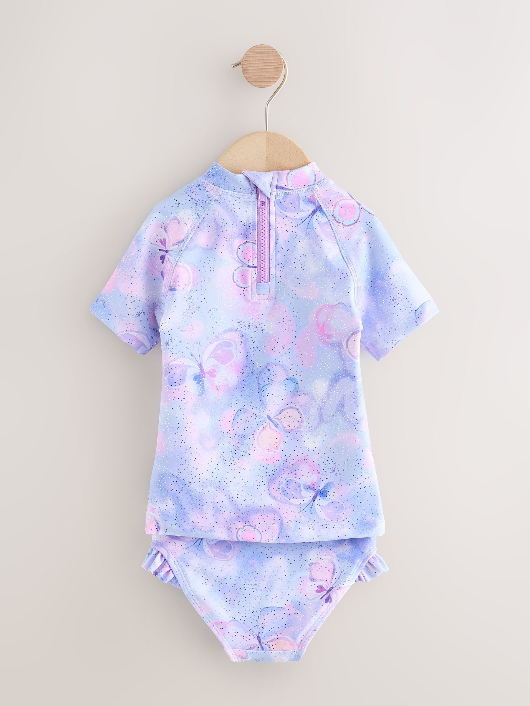 Lilac Purple Butterfly Foil Short Sleeved Sunsafe Swim Set (3mths-10yrs) - Size 3-6 Months (62-68cm)