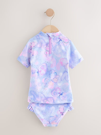 Lilac Purple Butterfly Foil Short Sleeved Sunsafe Swim Set (3mths-10yrs) - Size 3-6 Months (62-68cm)