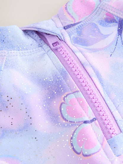 Lilac Purple Butterfly Foil Short Sleeved Sunsafe Swim Set (3mths-10yrs) - Size 3-6 Months (62-68cm)