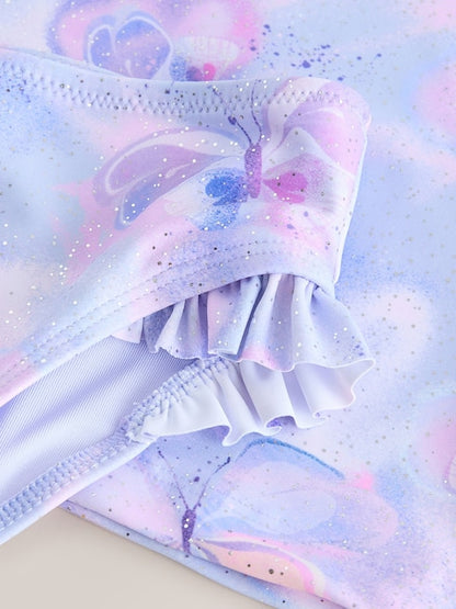 Lilac Purple Butterfly Foil Short Sleeved Sunsafe Swim Set (3mths-10yrs) - Size 3-6 Months (62-68cm)