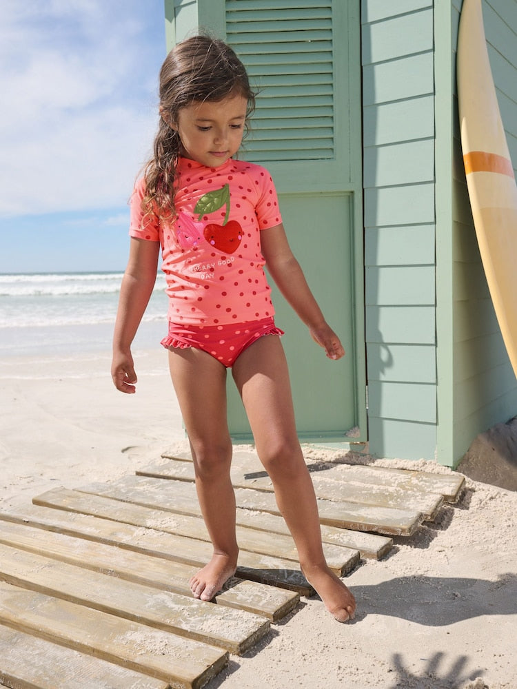 Pink/ Red Cherry Short Sleeved Sunsafe Swim Set (3mths-10yrs) - Size 3-6 Months (62-68cm)